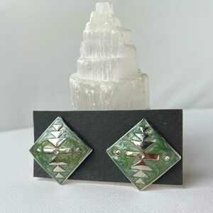 Vintage Square Metal Green and Silver Festive Earrings